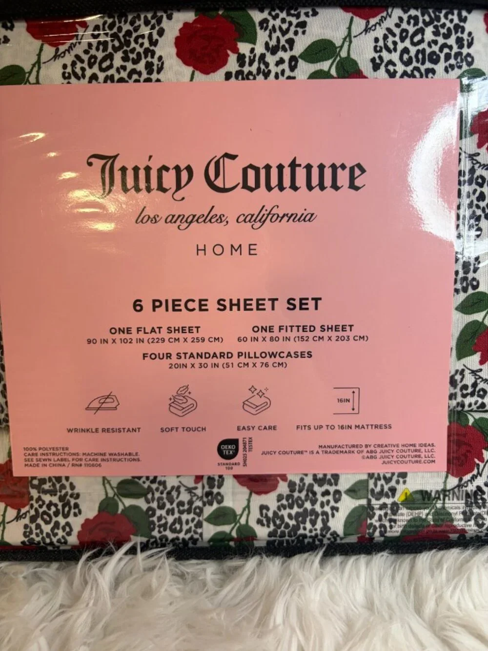 Juicy Couture Queen Sheet Set Leopard Rose 6 Pc Bedding Home Decor NWT